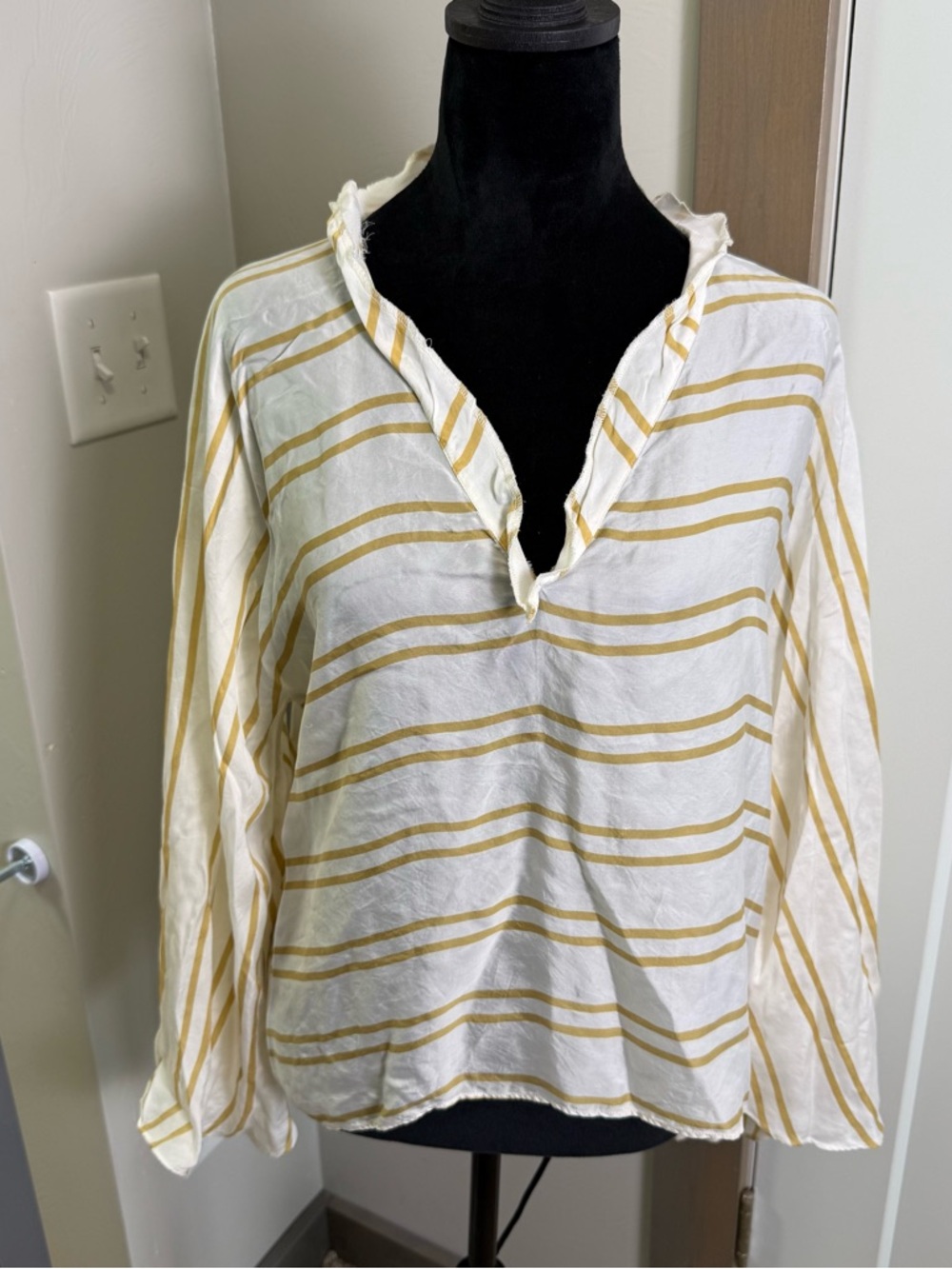 Anthro Guapa Made in India 100% Cupro “Vegan Silk” Blouse Yellow White‎ Stripe